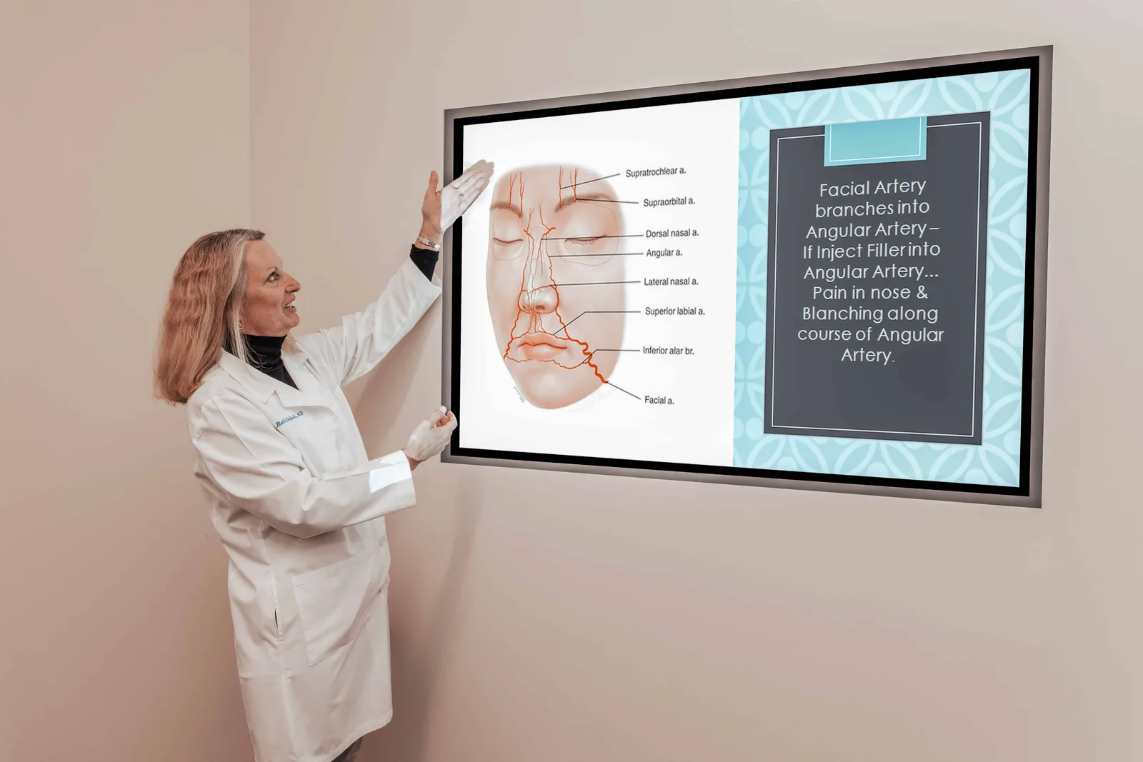 Dr. Beth Littlefield teaches facial anatomy using a classroom display